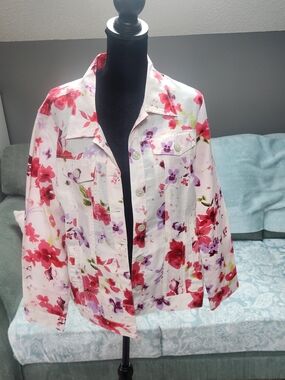 Tango Mango Lightweight Floral Pink & Purple Button-Front Jacket Large